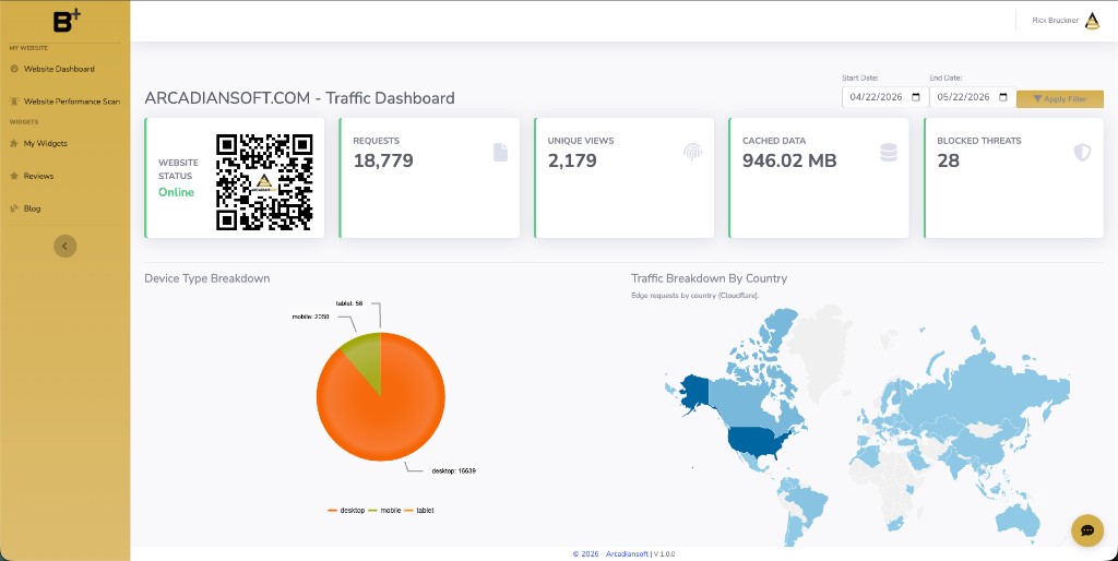 BusinessPlus website traffic dashboard showing online status, requests, views, device breakdown, and traffic by country