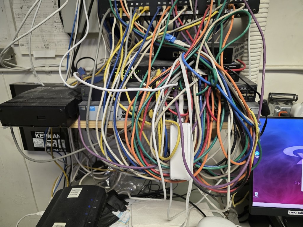 Messy network cables and equipment before organization